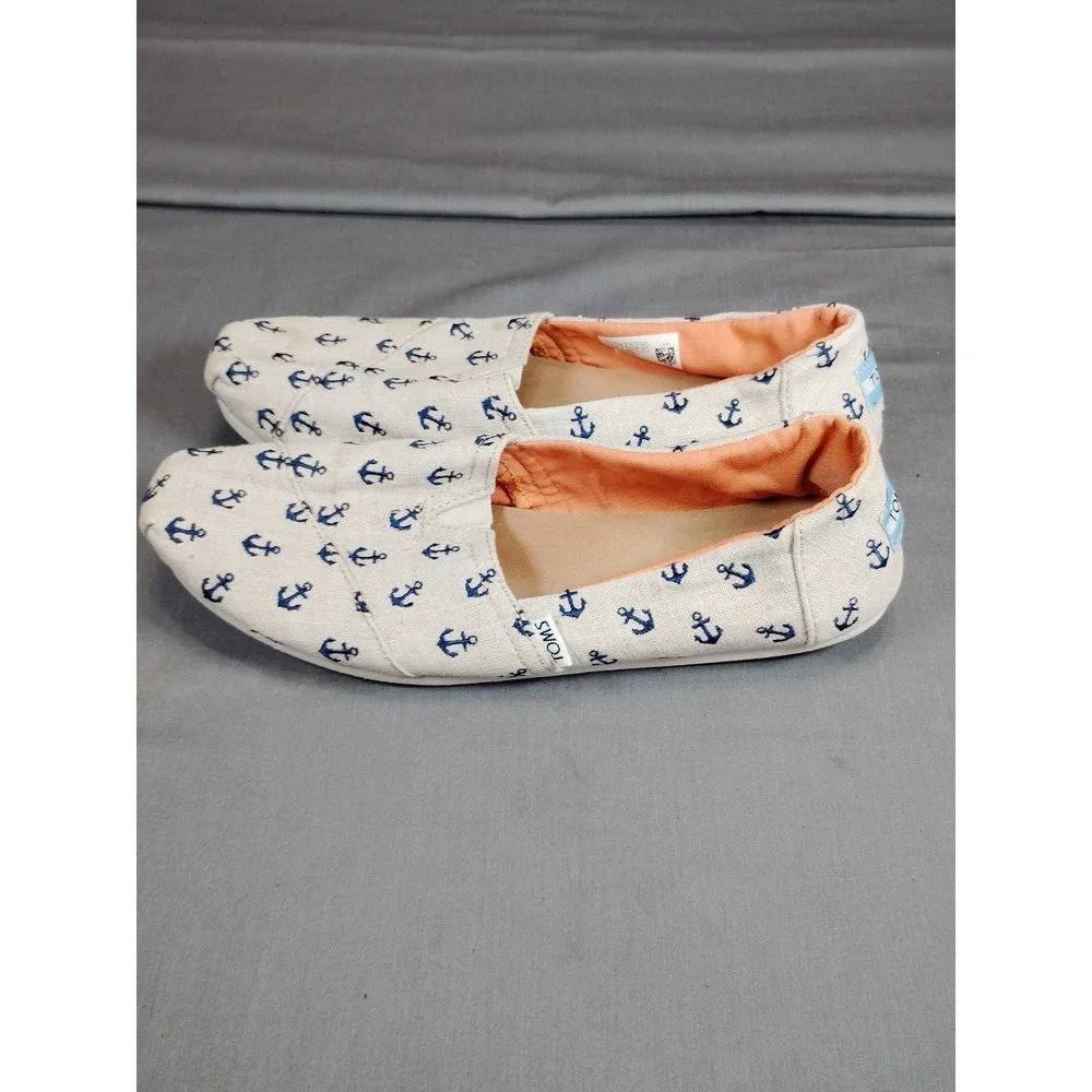 TOMS Shoes Women 11 Anchor Nautical Canvas Casual Slip On Espadrille Flats Beach